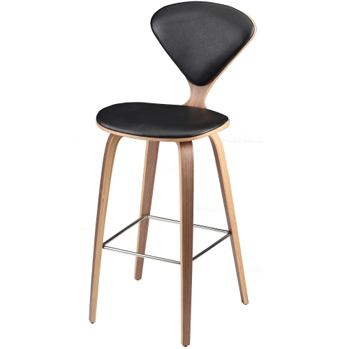 Satine Counter Stool in Black Leather on Walnut Veneer Frame